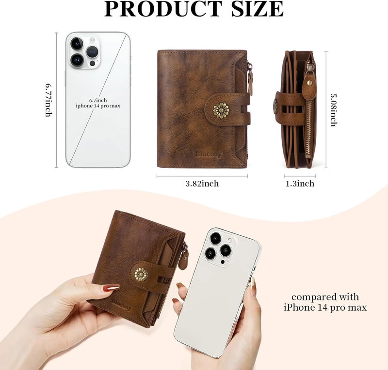 Blucoay Wallet Women,RFID Blocking Leather Womens Wallet Bifold Compact Card Holder Small Wallet for Women with Removable ID Window Darkbrown - Image 4